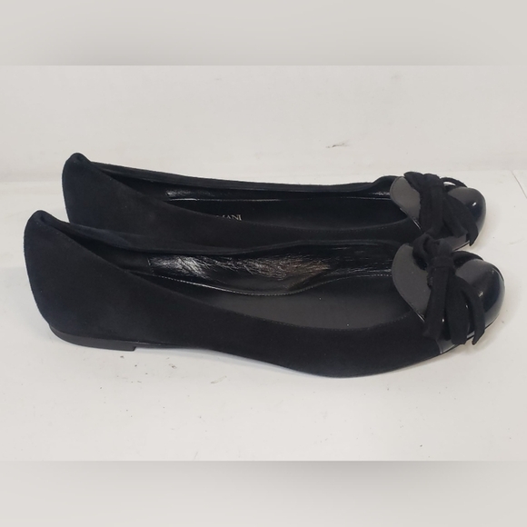 EMPORIO ARMANI Black Suede/Patent Leather Round-Toe Bow Flats Sz 38 Italy - Picture 2 of 12